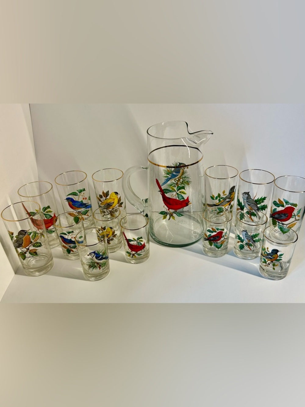 Vintage West Virginia American Songbirds Pitcher & 2 Sets of 7 Glasses Gold Rim